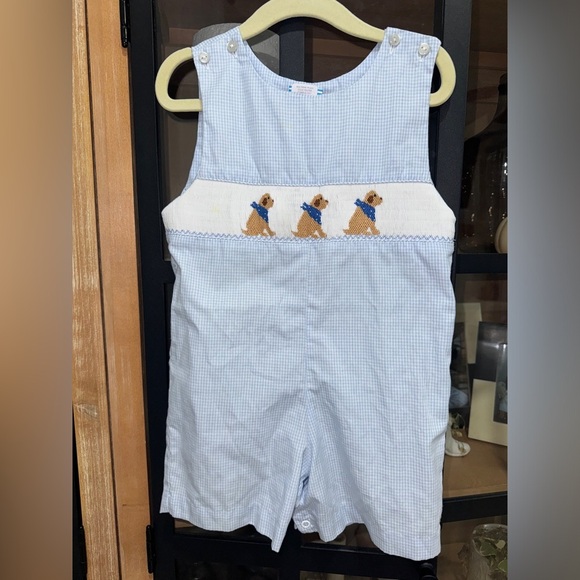 Yellow Labs Gingham Smocked Jon Jon baby toddler boy dogs puppy romper classic - Picture 2 of 7